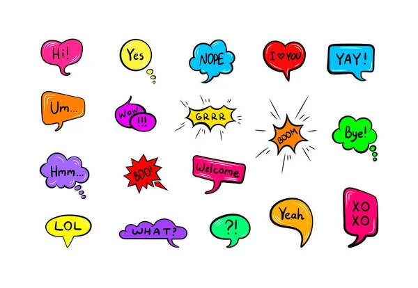 Vector set of talk bubbles with handwritten words, colorful design. — Stock Vector