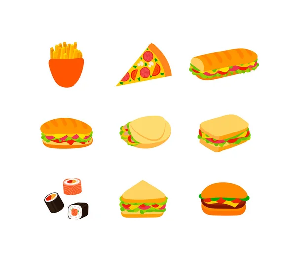 Vektor Set Verschiedener Fastfood Symbole Auf Weißem Hintergrund Burger Sandwiches — Stockvektor
