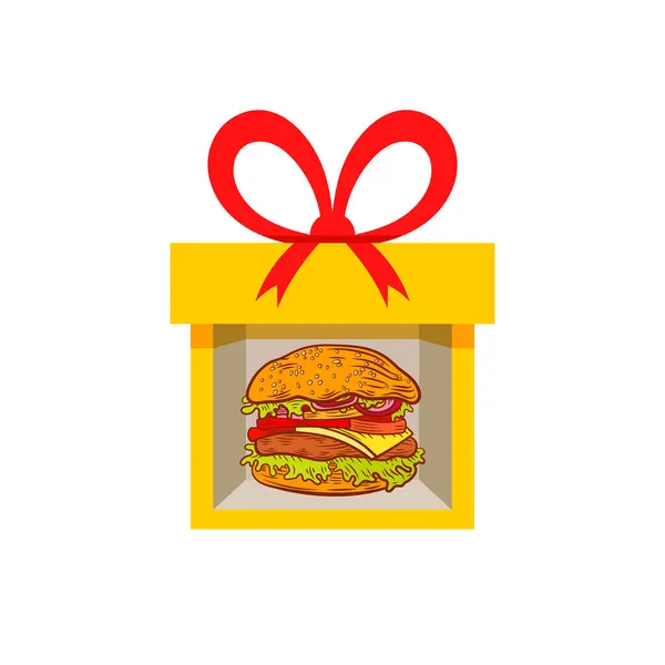 Векторна жовта подарункова коробка з бургер в ній ізольовані, яскраві кольори . — стоковий вектор