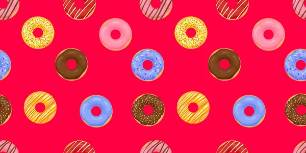 Vector patrón inconsútil colorido, DONUTS, colores brillantes, diferentes donuts en magenta. — Vector de stock