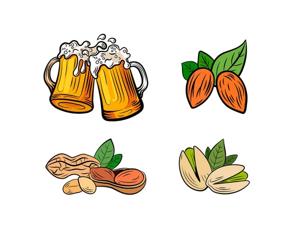Renkli simgeler, bira bardağı ve fındık, bira ve abur cubur konsepti, beyaz arkaplanda izole edilmiş bar menü tasarım unsurları.