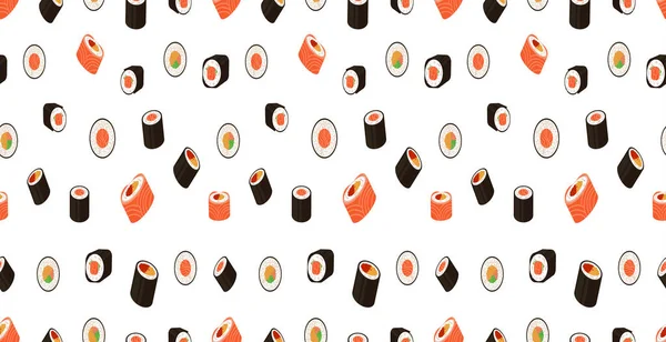 Vector Seamless Pattern Rolls Japanese Cuisine Sushi Set Background Different — Stock Vector