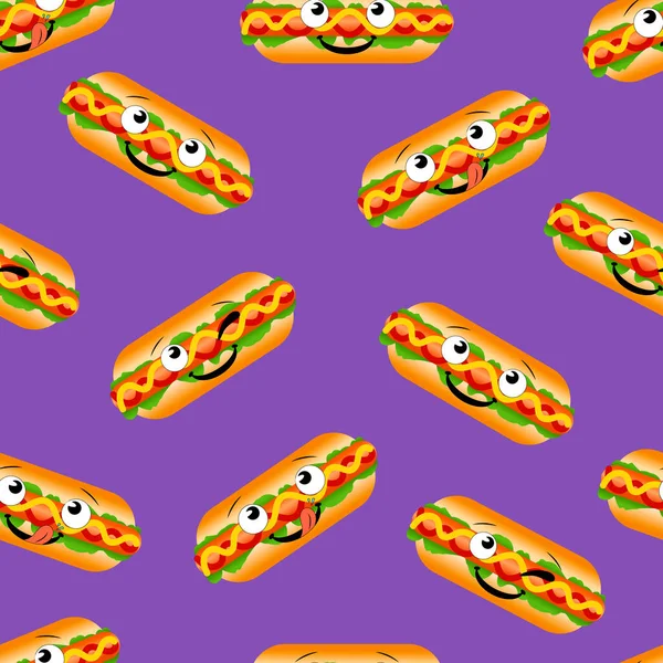 Vector Seamless Pattern Hot Dogs Funny Faces Bright Purple Background — 스톡 벡터