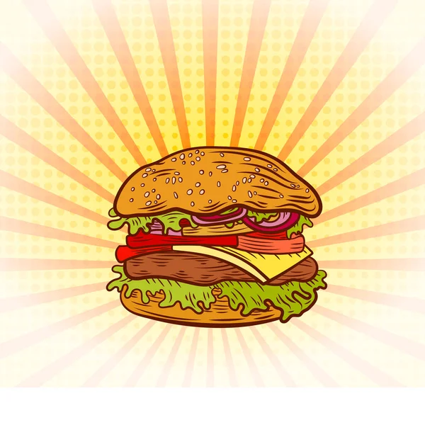 Ilustracja Wektora Burger Kolorowy Element Projektu Jasnożółte Promienie Komiksu Tło — Wektor stockowy