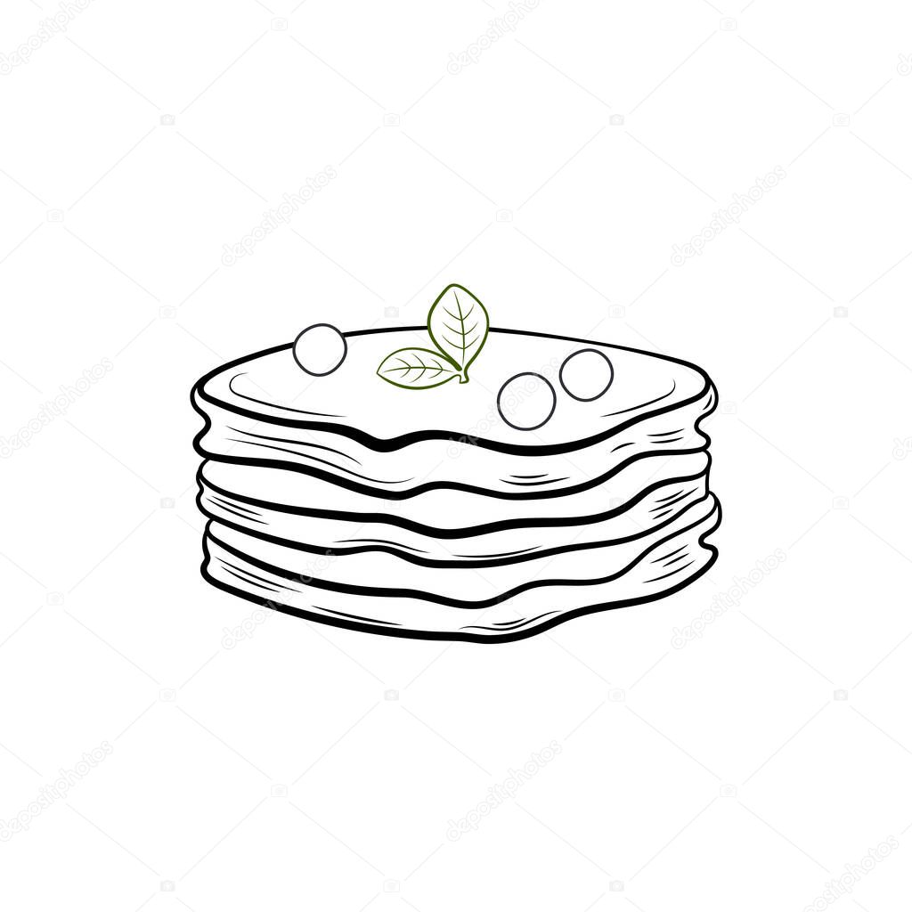 Vector pancake, cartoon illustration, outline art, sweet pancake isolated on white background, dessert illustration.