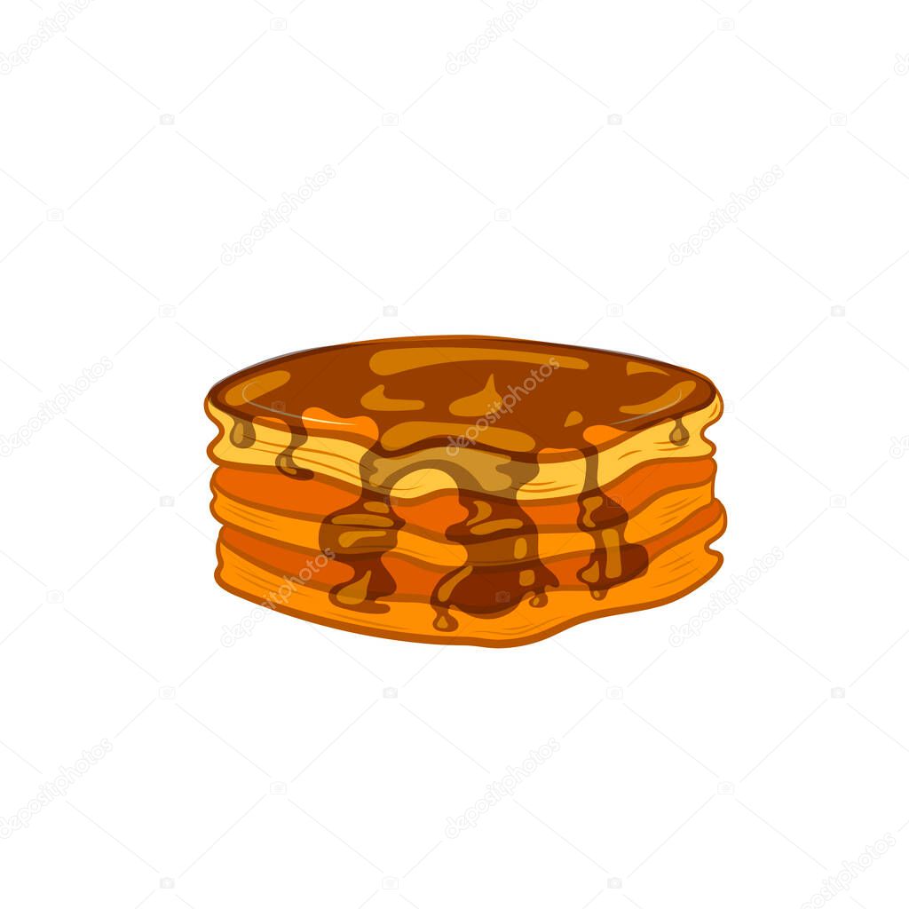 Vector pancakes, cartoon illutration, chocolate syrup, sweet pancake isolated on white background, dessert illustration.