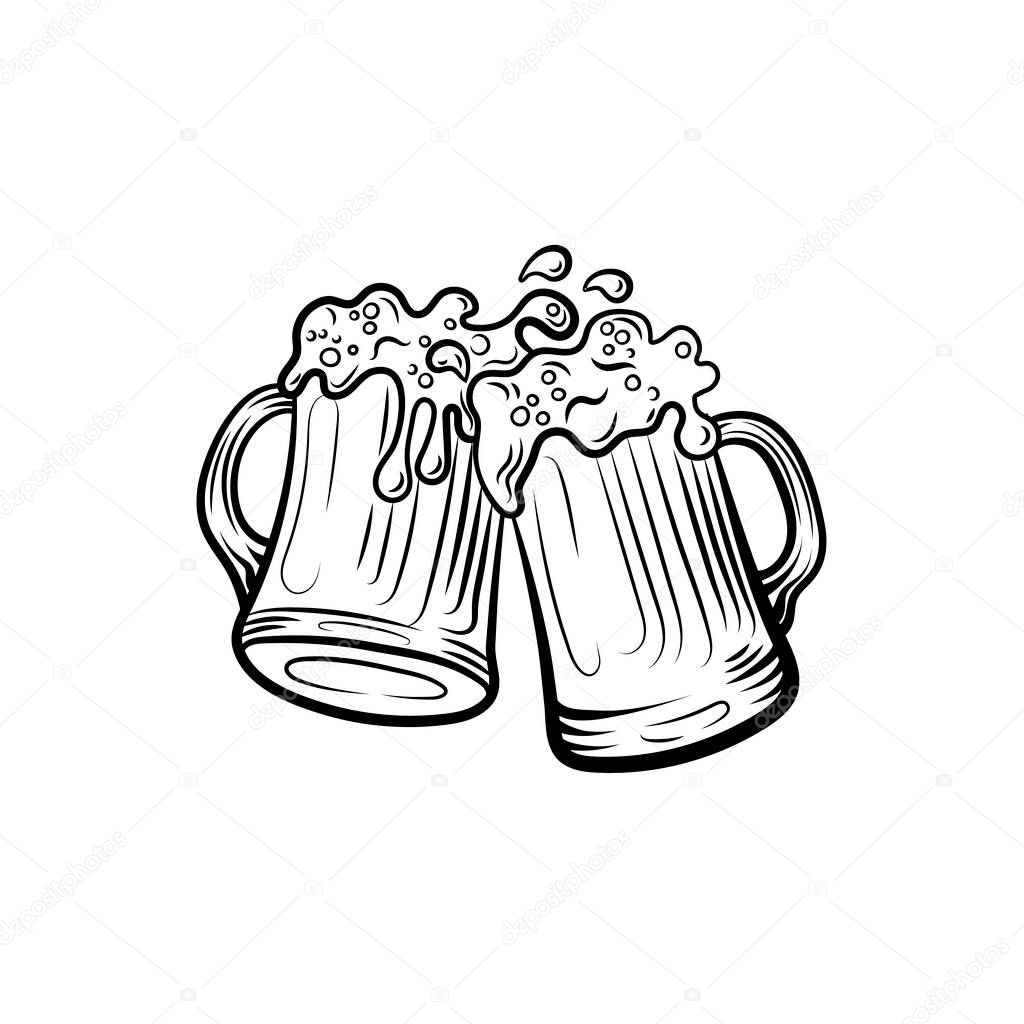 Vector Beer illustration isolated on white background, vintage style, black lines, engraved image, two beer mugs.