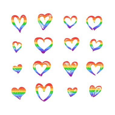 Beyaz Arkaplanda izole edilmiş vektör gökkuşağı kalp seti, El Çizimi Biçimi.