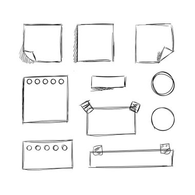 Vektör Çizim Belgeleri ve Etiketleri, Yapışkan Notlar, Doodle Çizimleri, Siyah Çizimler Beyaz Arkaplanda İzole Edilmiş.