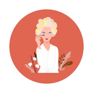 Vektör Çizgi Filmci Kız Makyajını Uyguluyor, Renkli Resim, Karakter Tasarımı, Çember Çerçeve İzole Edildi, Sabah Rutini.