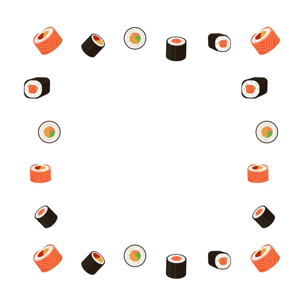 Vector Sushi Frame, Kolorowe ilustracje, Styl kreskówki różne rolki izolowane, Kuchnia japońska. — Wektor stockowy