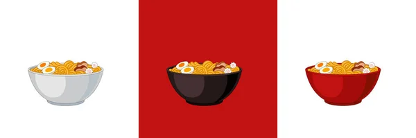 Vector Ramen Bowls Rojo Negro Placas Blancas Elementos Diseño Coloridos — Vector de stock