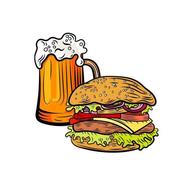 Hamburgerli Vector Bira Bardağı Renkli Vintage Resim Çizimi Yiyecek Çecek — Stok Vektör