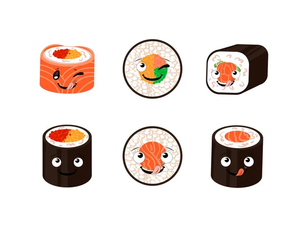 有滑稽脸 不同面团 日本食物的矢量漫画卷 — 图库矢量图片