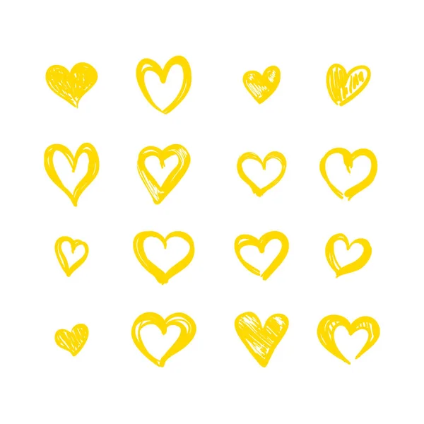 Vektorová Sada Ručně Kreslených Žlutých Srdcí Izolované Bílém Pozadí Náčrtek — Stockový vektor