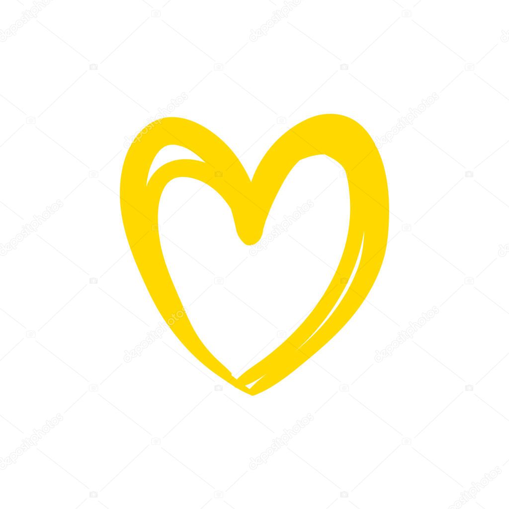 Vector Hand Drawn Yellow Heart Isolated on White Background, Sketch Style Illustration, Love Symbol, Bright Yellow Color.