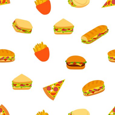 Vektörsüz şablon, fast food geçmişi, düz ikonlar, sandviçler, pizza, beyaz arka planda patates kızartması, arka plan şablonu..