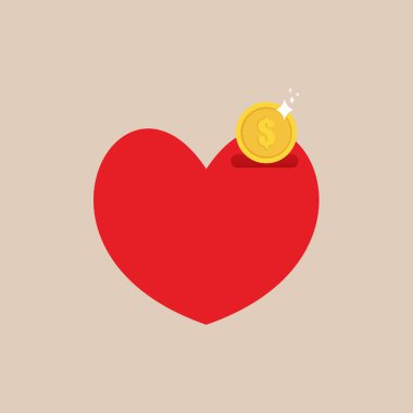 Vector Heart Piggy Bank Simgesi, Parlak Para ve Kalp, İzole Tasarım Elemanı, Hayırseverlik Konsepti, Renkli İşaret.