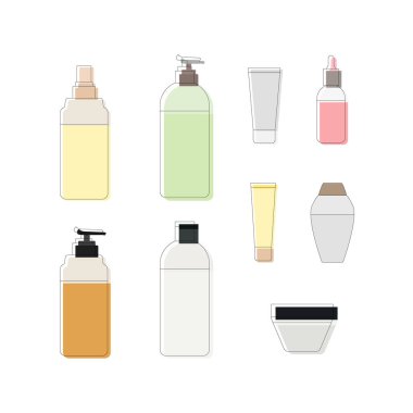 Vector Set of Bottle, Different Kozmetik Ürünleri, Simgeler Beyaz Arkaplanda İzole Edilmiş, Krem, Şampuan, Losyon Kutuları.