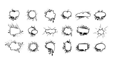 Vektör Konuşma Kabarcığı Seti, Sıçrayan Arkaplan, Tasarım Elementleri Seti, Grunge Stili Farklı Boya Sıçratmaları ve Boş Çerçeveler.