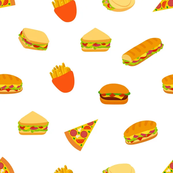 Vektornahtloses Muster Fastfood Hintergrund Flache Symbole Sandwiches Pizza Pommes Auf — Stockvektor