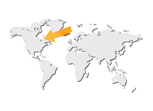 Vektor Weltkarte Mit Schatten Und Gelbem Richtpfeil Illustrationshintergrund Grauer Karte — Stockvektor