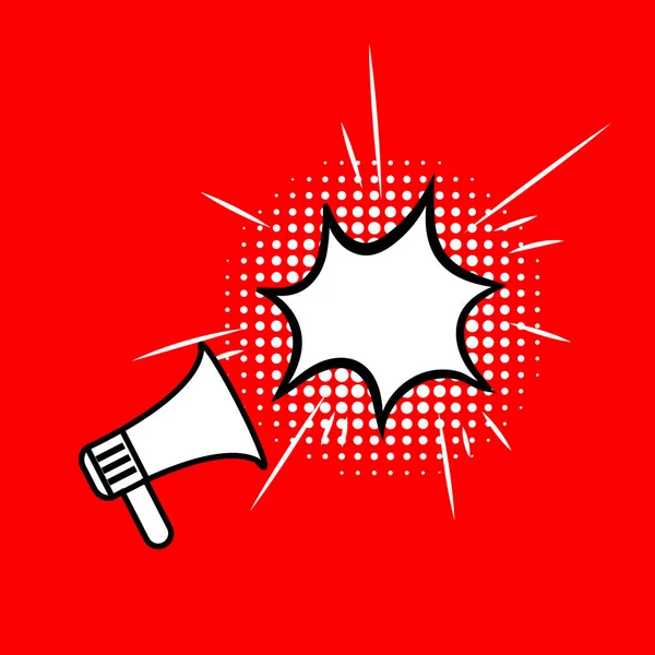 Vector Loudspeaker Icon Speech Bubble Bright Red Background Blank Frame — стоковий вектор