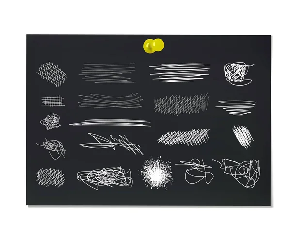 Vector Black Paper Sheet ve White Scribble Satırları, Pinned Paper, Black background, Illustration, Different Scribblings Set.