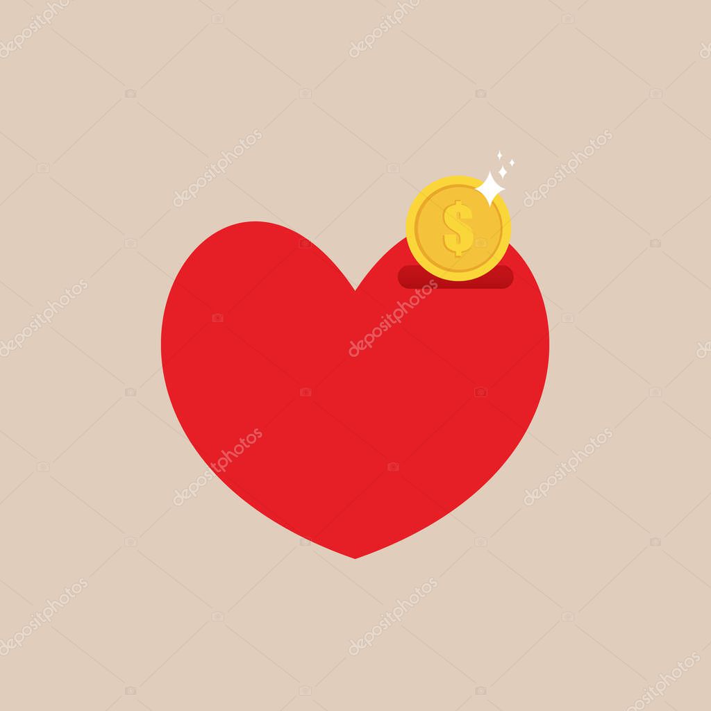 Vector Heart Piggy Bank Icon, Shiny Coin and Heart, Isolated Design Element, Charity Concept, Colorful Sign.