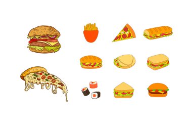 Beyaz Arkaplanda İzole Edilmiş Fast Food Çizimleri, Simgeler Seti, Sandviçler, Burgerler, Eriyen Peynirli Pizza Dilimleri.