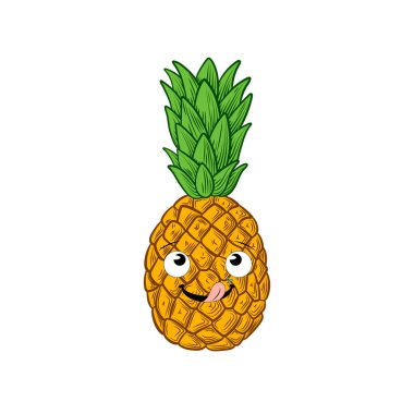Beyaz Arkaplanda izole edilmiş Komik Yüzlü Vektör Ananas Renkli Resim Şablonu.