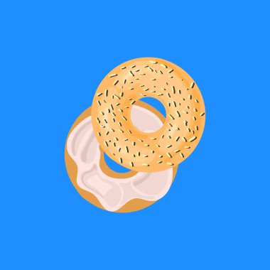 Vektör Yayılmış Bagel, Açık Mavi Arkaplanda Yarım Donut, Tatlı Yemek.