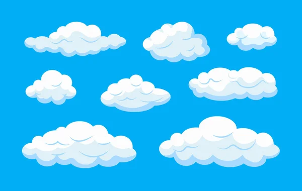 Vector Cartoon Clouds Zestaw Niebo Niebieskie Tło Białe Chmury Wektor — Wektor stockowy