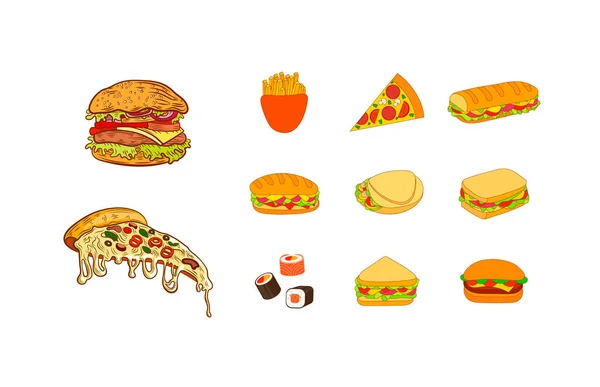 Set Vettoriale Illustrazioni Fast Food Isolate Sfondo Bianco Set Icone — Vettoriale Stock