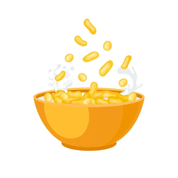 病媒玉米片掉进明亮的橙色碗 早餐插图在白色背景下分离 — 图库矢量图片