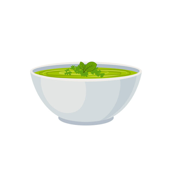 Vector Bowl of Green Cream Soup, Vegetable Soup Icon Isolated on White Background, Colorful Illustration.