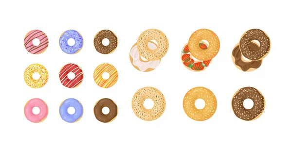 采购产品向量集的Bagels Glazed Color Ful Bagels Stuffed Plain Bagels Donuts Vector — 图库矢量图片