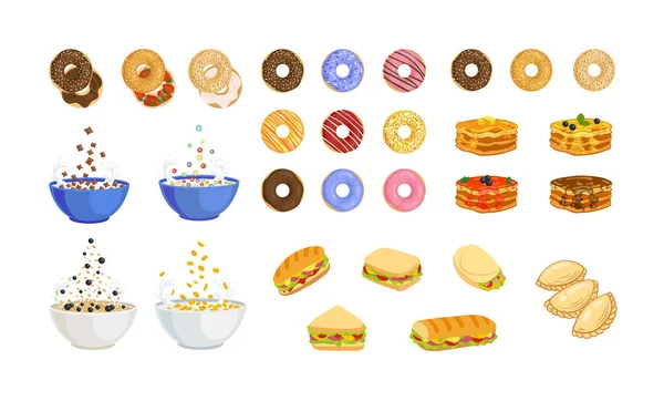 Set Vectores Diferentes Desayunos Aislados Sobre Fondo Blanco Bagels Donuts — Vector de stock