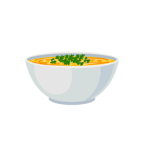 Vector Bowl of Orange Soup, Vegetable Soup Icon Isolated on White Background, Colorful Illustration.