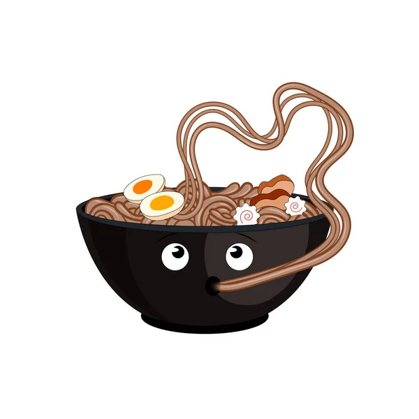 Vector Cartoon Soba Noodles Black Bowl Personagem Bonito Isolado Fundo — Vetor de Stock