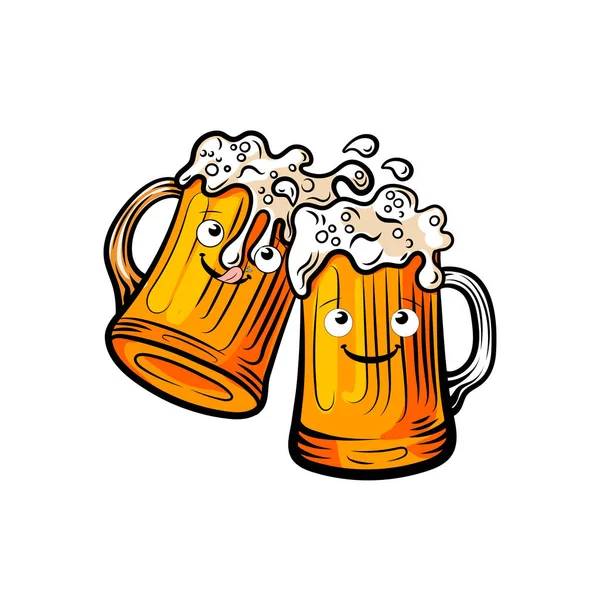 Tazas Cerveza Vectorial Con Caras Divertidas Aisladas Sobre Fondo Blanco — Vector de stock