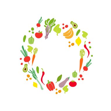 Vektör karalama sebzeleri, daire çerçevesi, beyaz arkaplanda izole edilmiş boş şablon, pastel renkler.