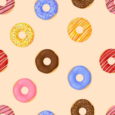 Vektör pürüzsüz desen, donutlar, açık pembe arka planda farklı renklerde donutlar..