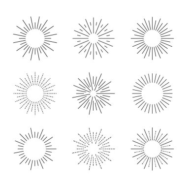 Retro stil geometrik parlaklık simgelerinin vektör kümesi, beyaz arkaplanda izole edilmiş siyah daireler, patlama ışınları.