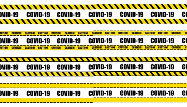 Vector covid-19 środki ostrożności taśmy bez szwu, kolor żółty i czarny, znak niebezpieczny, koronowany — Wektor stockowy