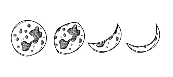Phases Lune Dessinées Main Vectorielles Isolées Sur Fond Blanc Lignes — Image vectorielle
