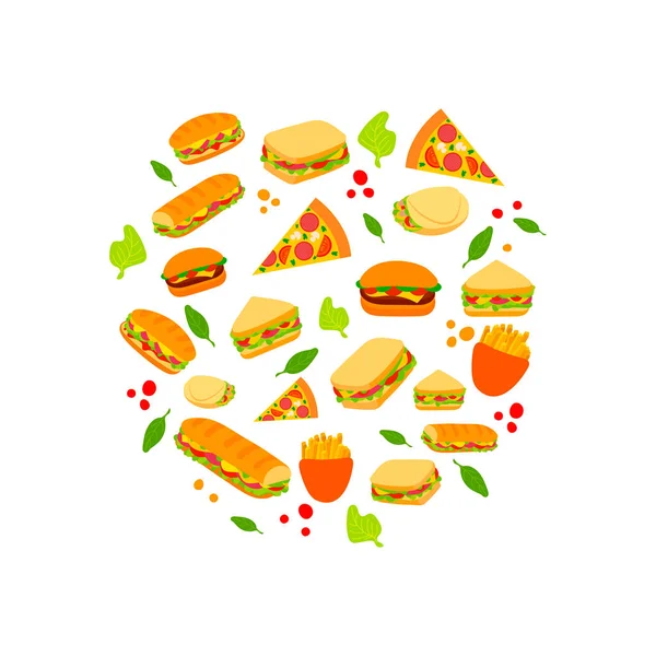 病媒快餐图解 涂鸦比萨饼 土豆三明治 零食图标设置 — 图库矢量图片