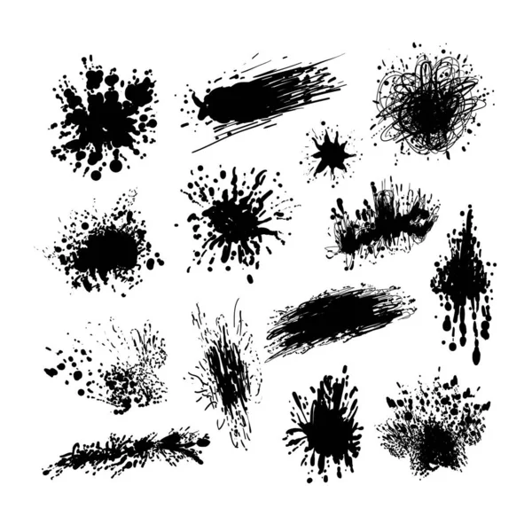 Set vettoriale di spruzzi di inchiostro nero, schizzi di vernice isolati su sfondo bianco, piatti — Vettoriale Stock