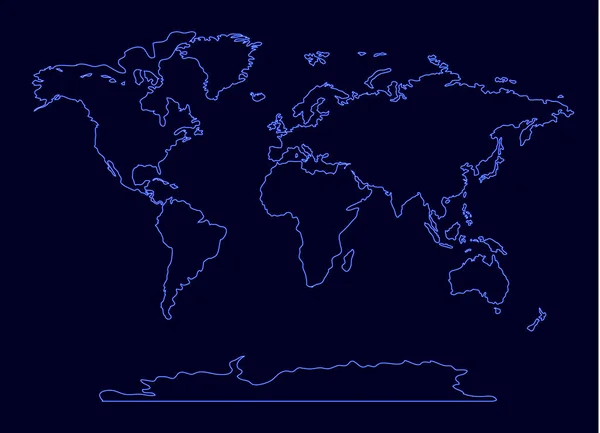 Vecteur Bleu Néon Fond Carte Monde Lignes Contour Lumineux Isolé — Image vectorielle