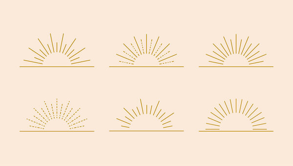 Vector set of linear boho geometric sun shines, sun logo design templates, abstract shining suns, retro style, golden color.